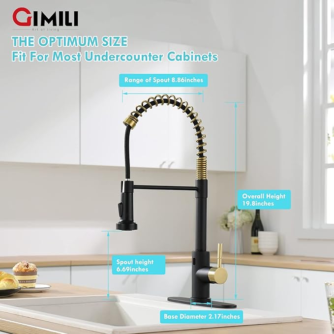 GIMILI Black and Gold Touchless Kitchen Faucet with AC Adapter, Smart Motion Sensor Hands Free Single Handle Kitchen Sink Faucet with Pull Down Sprayer
