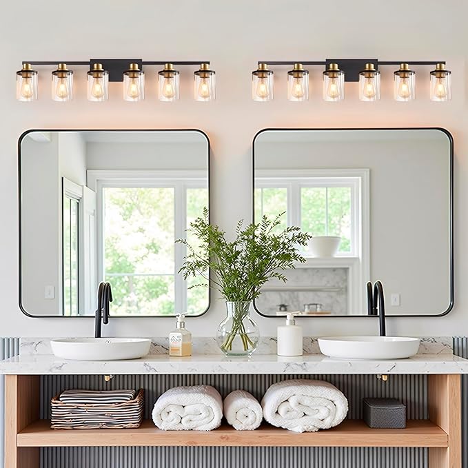 Modern 6-Light Bathroom Vanity Light Fixtures Over Mirror, Black Wall Lamp for Over Sink Bathroom，Farmhouse Wall Sconces with Clear Glass Shade for Bedroom,Living Room