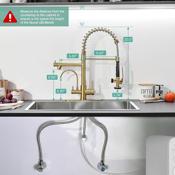 Fapully Brushed Gold Commercial Kitchen Faucet with Pull Down Sprayer and Water Filter,3 in 1 Kitchen Faucets with Drinking Water Faucet