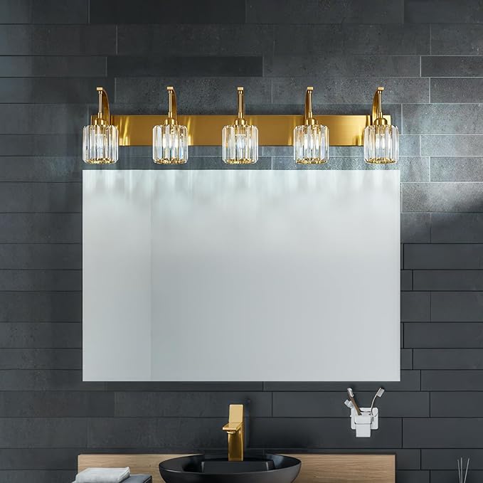 5-Light Crystal Vanity Light, Modern Gold Bathroom Wall Sconce with K9 Crystal Shades, 42.51" Long Over Mirror Lighting for Vanity, Makeup, Hallway, Elegant & Easy Installation