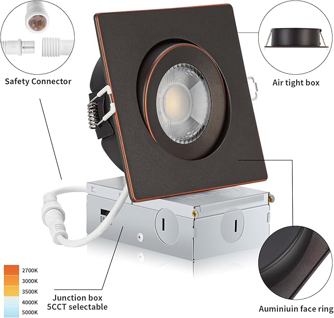 Oil Rubbed Bronze Recessed Lights Square 4 inch 6 Pack, Gimbal Gimbal Recessed Lights,dimmable, 5CCT Selectable,9W 750LM