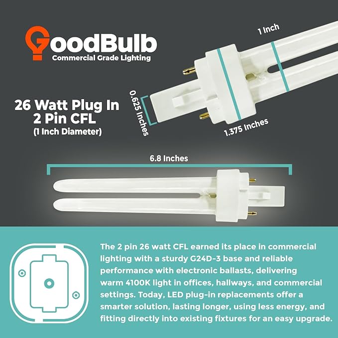 GoodBulb 26 Watt CFL Light Bulbs 2 Pin G24D-3 Base 4100K Cool White 26W High Output 1800 Lumens Double Tube Compact Fluorescent Light Bulbs Plug-in 10 Pack