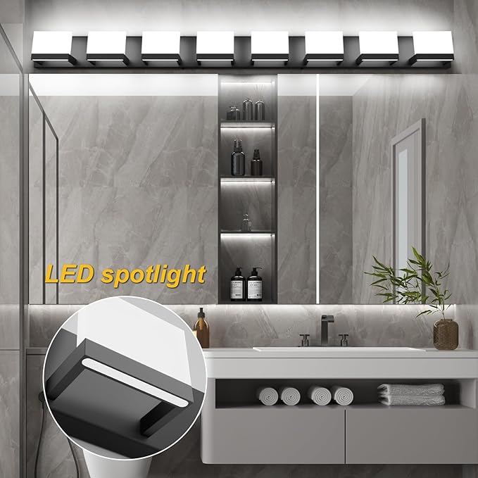 Tipace 8 Lights Modern LED Black Vanity Light for Bathroom Wall Light Up and Down LED Bathroom Light Fixtures Over Mirror(White Light 6000K)