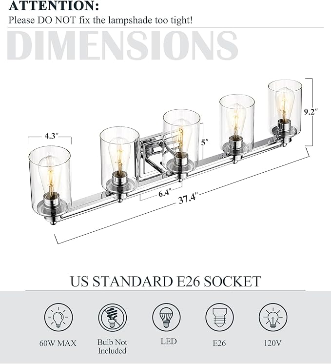 Chrome Vanity Light Fixtures, HWH 5-Light Bathroom Light Over Mirror, Modern Wall Sconce Lighting for Bathroom 37-inch, Chrome Finish, 5HLT63B-5W CH