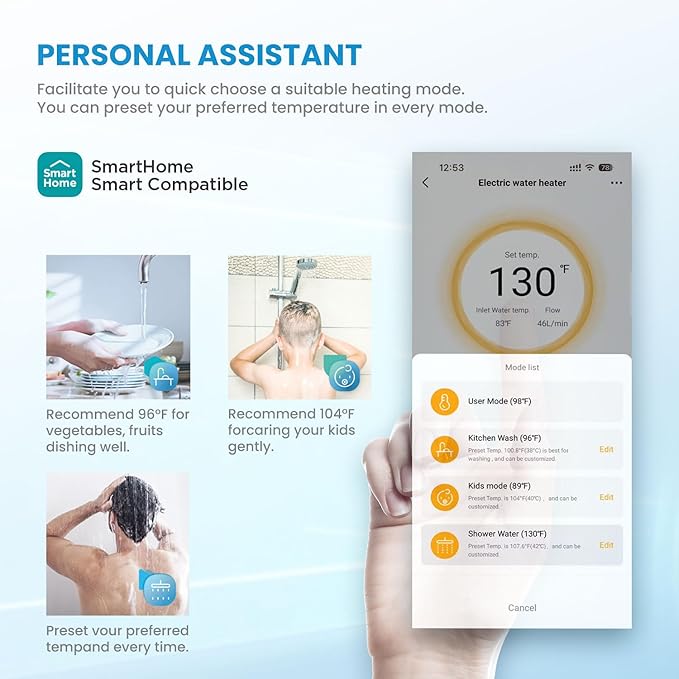 Midea 18KW Electric Tankless Water Heater, Touch Control, Wi-Fi Control, LED Display, Child Mode, 240 Volts with Automatic Power Modulation, On-demand Hot Water, White