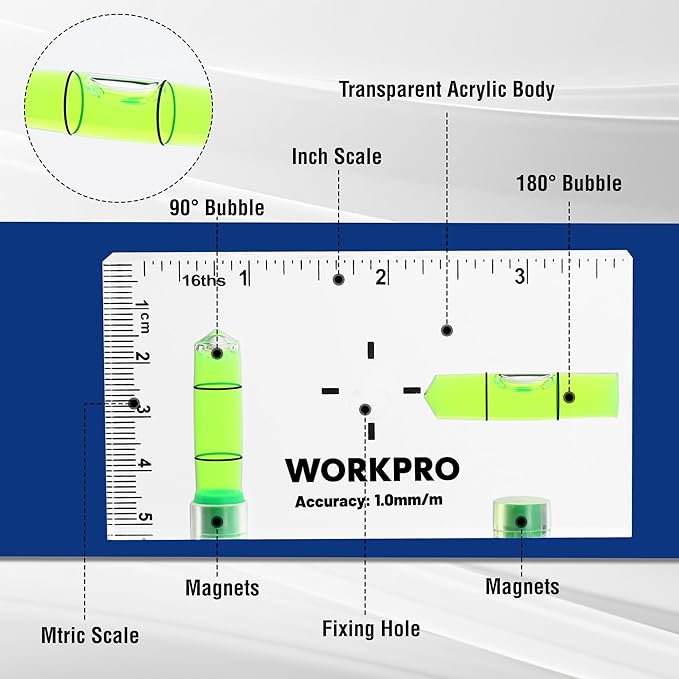 WORKPRO Small Level, 3-3/4 Inch Mini Level Tool, Magnetic Level with 2 Different Bubbles 90°/180°, Shatterproof Cross Check Bubble Level, Pocket Level for Picture Hanging Tool