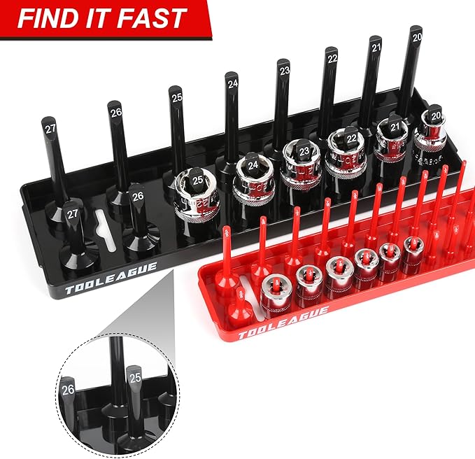 TOOLEAGUE 9Pcs Socket Organizer Tray and Magnetic Wrench Holder Set,Red SAE & Black Metric, 1/2", 1/4", 3/8" Socket Storage Trays for Tool Box Drawer