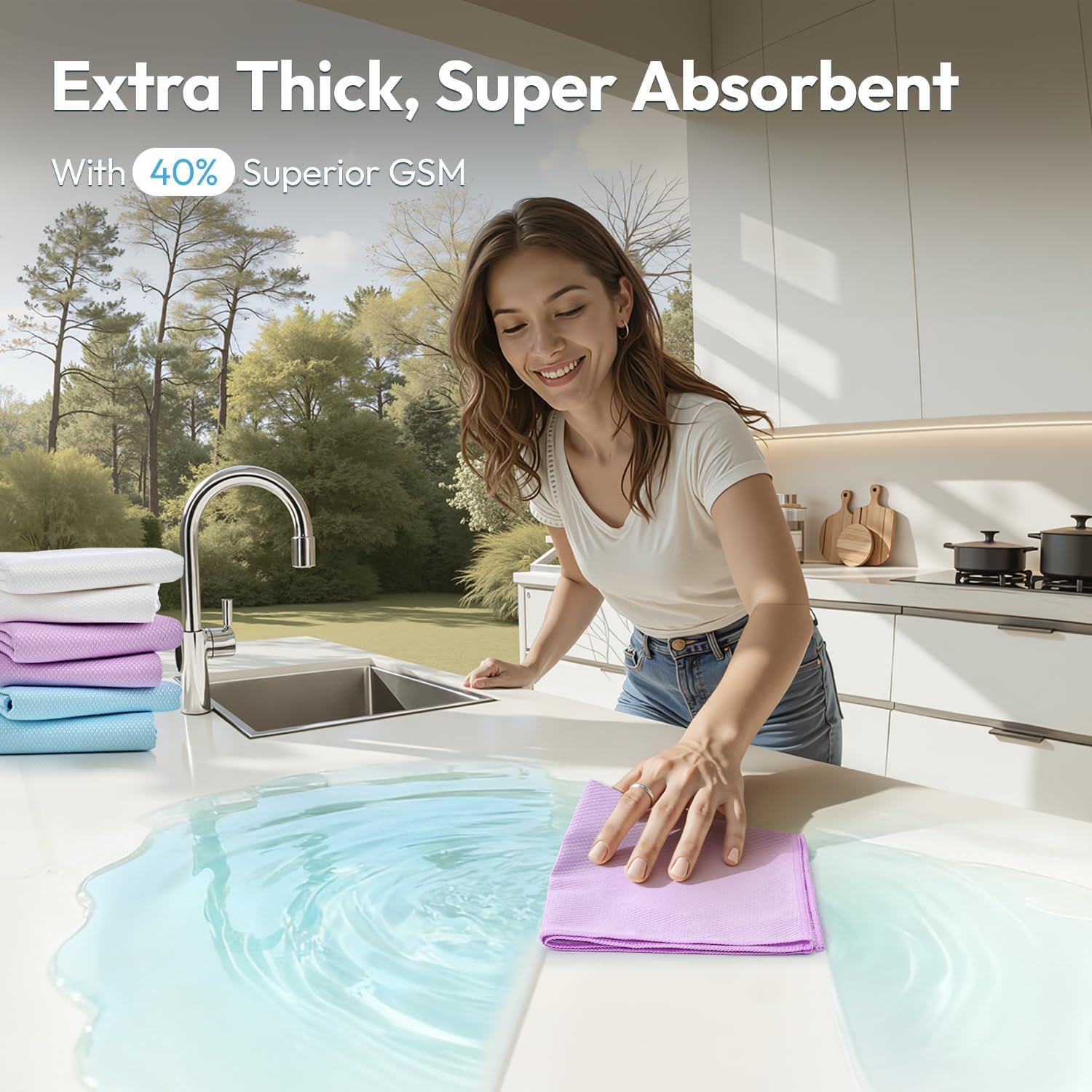 Nanoscale Microfiber Cloths 15.55”x 15.55”, Glass Window Mirror Stainless Steel Car Cleaning, Streak-Free, Lint-Free, Super Thick & Absorbent, Reusable, 6 Pack (White/Blue/Purple)