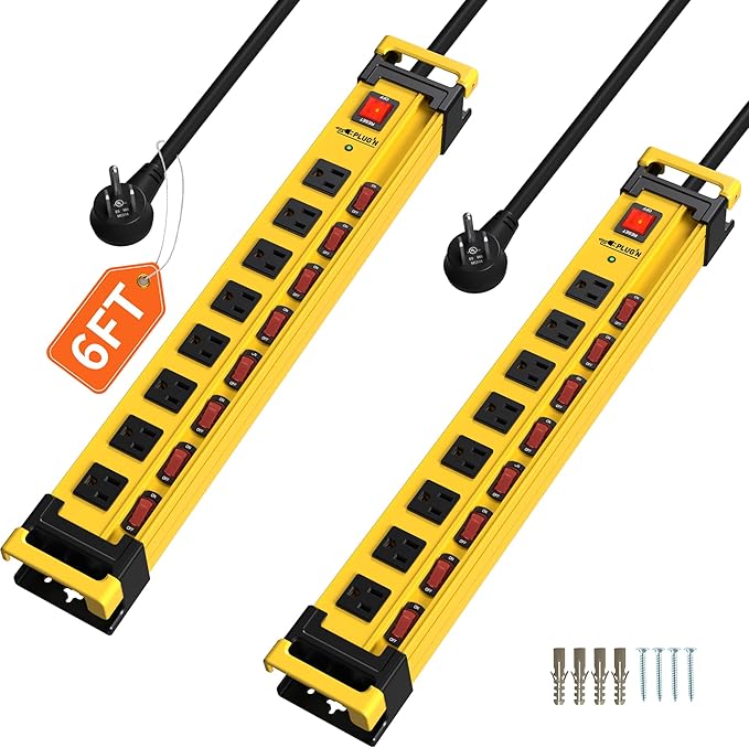 Plug'n 2 Packs 8 Outlet 2700J Surge Protector Power Strip with Individual Switches,Heavy Duty Garage Power Strip with Cord Manager,Flat Plug,6FT/14AWG Power Cord for Workshop,Shop,Home,Kitchen