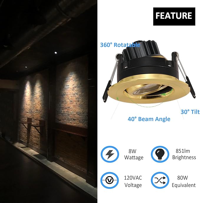 Premium 3-inch LED Recessed Lights - 5 CCT 3 Inch Eyeball Ceilling Gimbal Potlight, Dimmable Recessed Lights Fixture with Junction Box, 8W CCT Adjustable, Shiny Gold, 6P