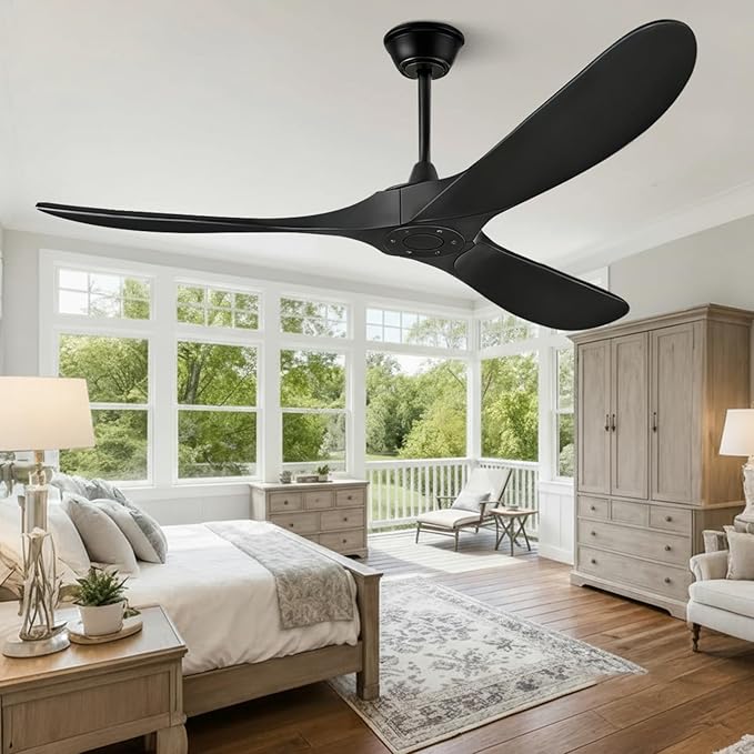 52" Ceiling Fans Without Lights, Solid Wood Ceiling Fan with Remote Control and DC Motor, Ceiling Fan no Light with 3 Blades, Indoor Outdoor Ceiling Fans for Patios, Bedroom- Matte Black