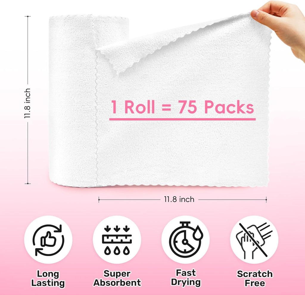 Microfiber Cleaning Cloths Roll, 75 Pack Tear Away Microfiber Towels Roll, 12" x 12" Lint Free Rags, Reusable Cleaning Cloths, Washable, Scratch Free,Ultra Absorbent Dish Rags(White)