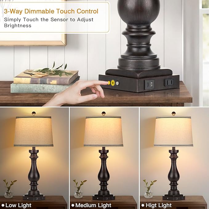 27.5" Farmhouse Table Lamp for Living Room Set of 2,Vintage Bedside Nightstand Lamps with USB C+A Ports & AC Outlet,3-Way Dimmable Touch Control Retro Black Desk Lamp for Bedroom,Black