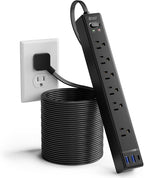 20Ft Long Extension Cord, Flat Plug Power Strip with 6 Outlets & 3 USB Ports (1 USB-C), Wall Mountable Surge Protector, White Power Bar for Home Office, College Dorm Room Essentials