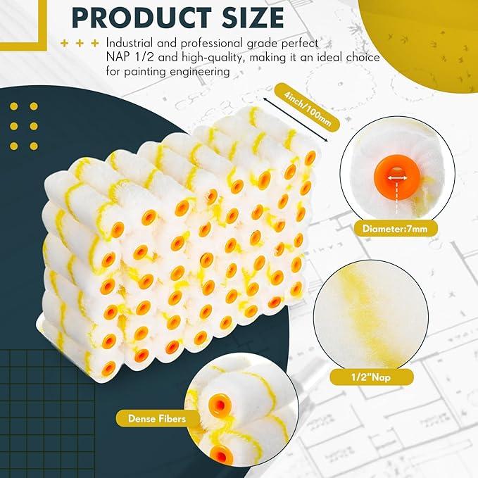 Leumoi 100 Pcs Paint Roller Covers 1/2 x 4 Inch Microfiber Paint Roller Covers Paint Brush Cover Small Roller Nap Mini House Painting Supplies for Painting Wall DIY Household Tool (Yellow White)