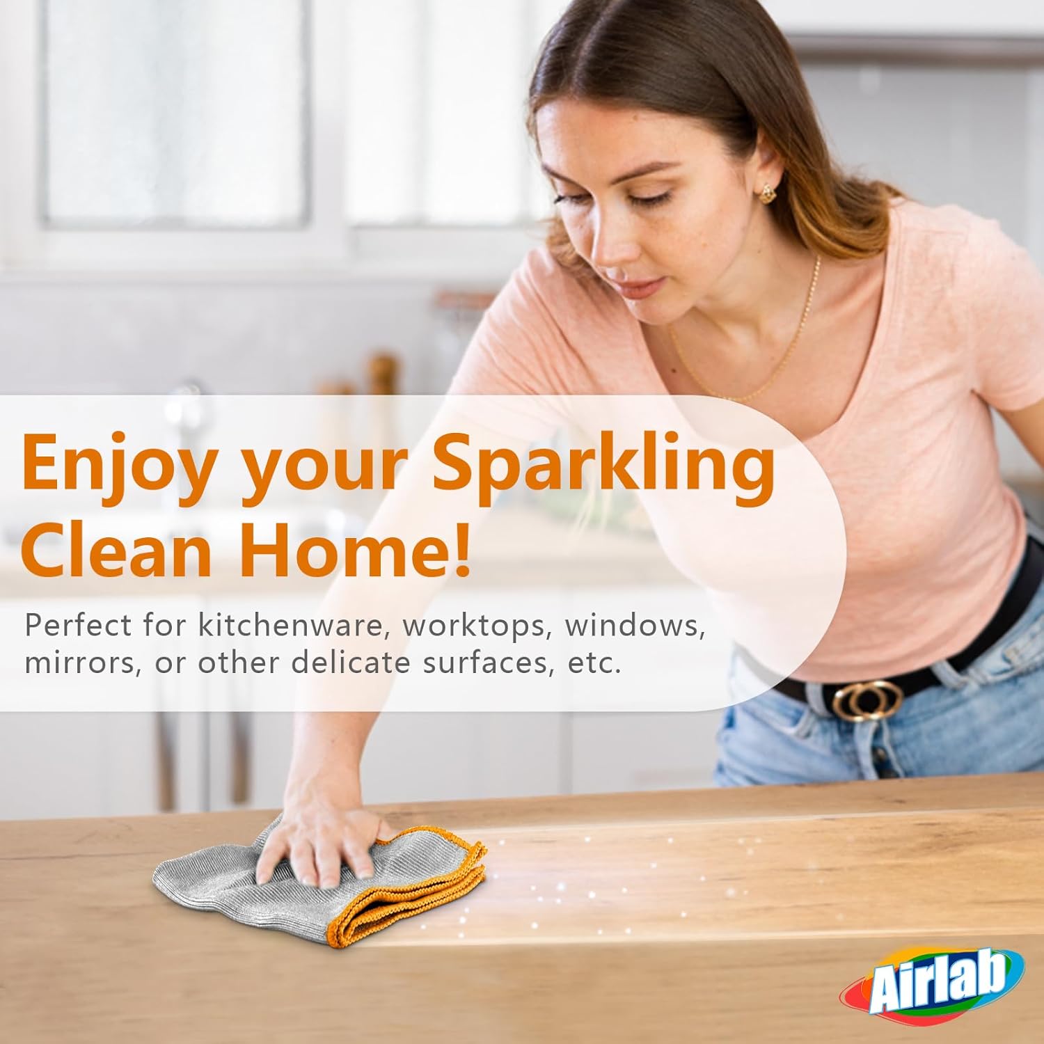 Glass Polishing Cloth Streak Free Miracle Microfiber Cleaning Cloth Lint Free Cleaning Rags for Glasses Kitchen Dish Mirrors Easy Clean, Pack of 6, 12" x 12", Sliver-Orange