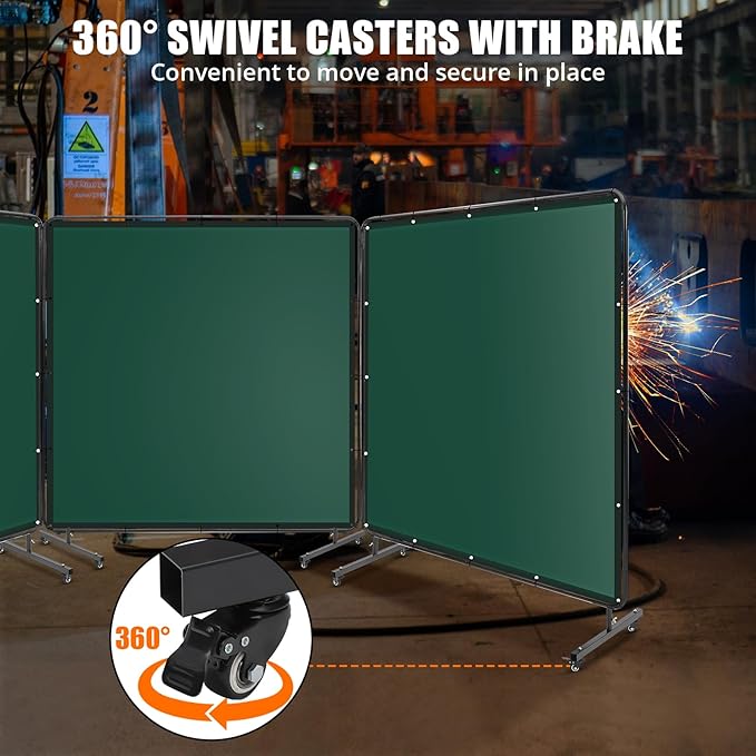 3-Panel 6x6ft Flame-Resistant Welding Screen with Lockable Wheels - Transparent PVC Welding Curtain & Steel Frame, Green Safety Partition for Workshops/Garages