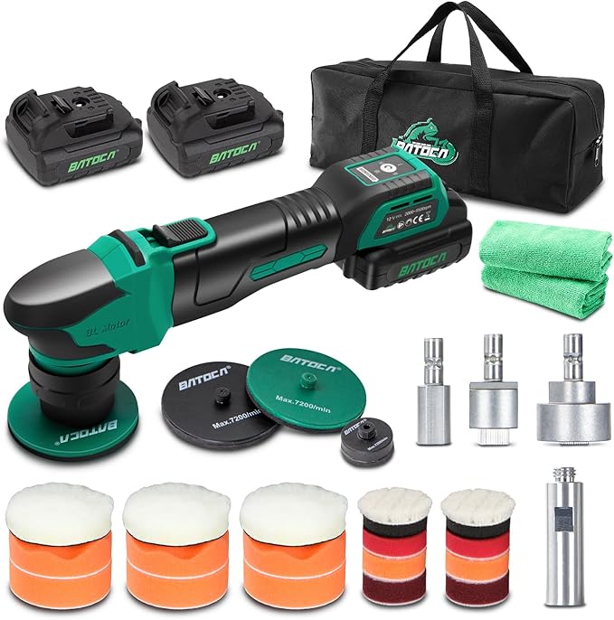 BATOCA S4 Cordless Polisher for Car Detailing with 2Pcs 12V 2.5Ah Batteries, Both Rotary Buffer & Dual Action Polisher, 1&3inch Brushless Polisher, Basic Kit