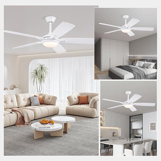 52 Inch Ceiling Fans with Lights and Remote, Modern Indoor Outdoor Ceiling Fan for Bedroom Living Room Patio Porch, 6 Speeds, Reversible Quiet Motor, Dual Finish Wooden Blades, White