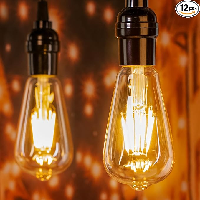Brightown 12 Pack LED Edison Bulbs, 6W, Equivalent 60W, High Bright 2700K Warm White,750 Lumens, Non-Dimmable, E26 Medium Base ST58 Antique Filament Bulbs with 83+ CRI for Ceiling Fan Bathroom Porch
