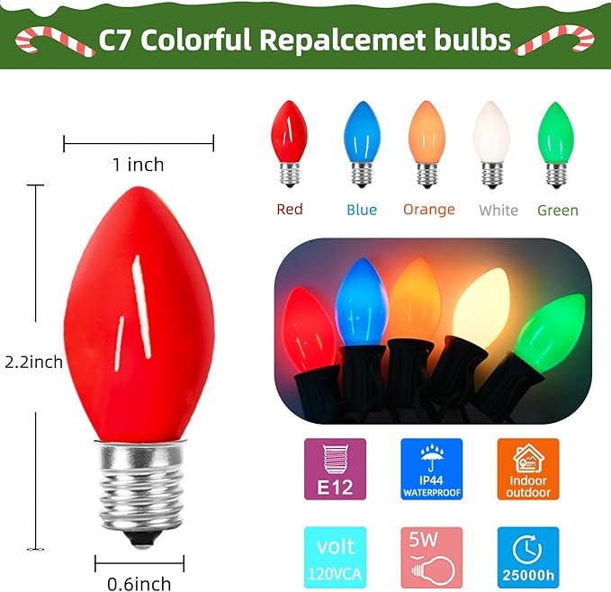 25 Pack Multicolor C7 Christmas Lights Replacement Bulbs Vintage Ceramic Multi-Colored Light Bulbs for Christmas Tree & Indoor Outdoor Xmas Lights C7 Replacement Bulbs, E12 Base, 5W