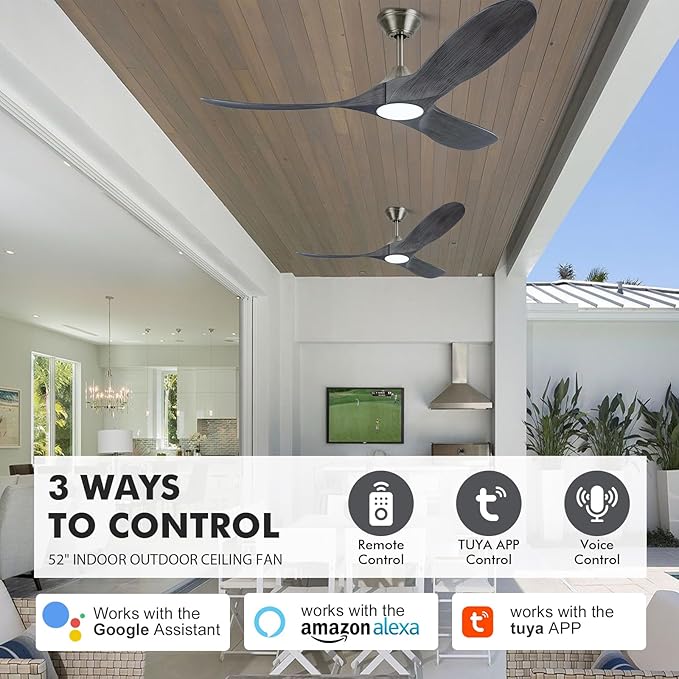 60 Inch Gray Wood Ceiling Fans with Lights, Smart Control-Remote/Alexa/Tuya App, Outdoor Ceiling Fan for Patio with Reversible DC Motor, Modern Farmhouse Ceiling Fan for Office Exterior Porch