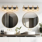 Modern Bathroom Vanity Light, 4-Light Black Gold Wall Sconce with Crystal Accents, Over Mirror Bathroom Lighting Fixture, 32.67" Long Dimmable Vanity Lamp for Makeup, Easy Installation