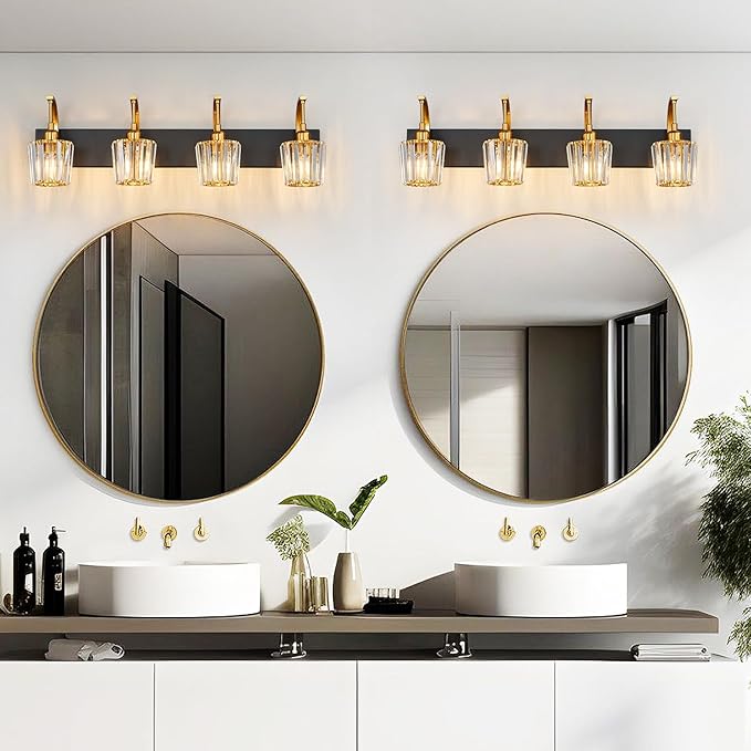 Modern Bathroom Vanity Light, 4-Light Black Gold Wall Sconce with Crystal Accents, Over Mirror Bathroom Lighting Fixture, 32.67" Long Dimmable Vanity Lamp for Makeup, Easy Installation
