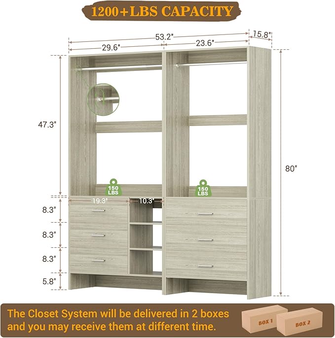 Aheaplus Closet System with 6 Drawers, 4.5ft Wood Closet Organizer System, Walk-in Closet or Small Closets Wardrobe, Clothes Rack with Hanging Rods, White Oak