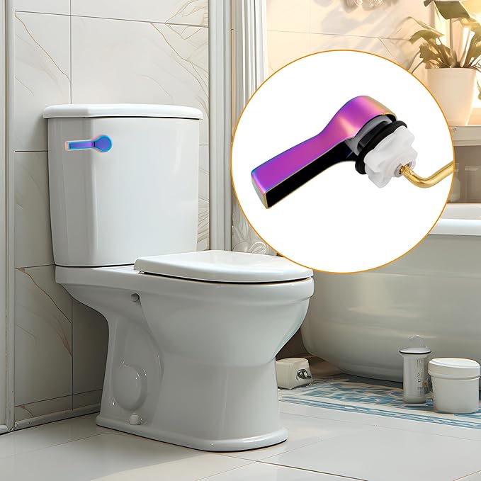 Hibbent Universal Metal Front Mount Toilet Handle Replacement Kit, Brass Toilet Flush Tank Lever with Stainless Steel Flapper Chains for Most Toilets, Rainbow Finish