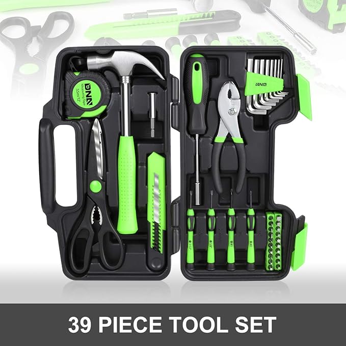 DNA MOTORING 39-Piece Household Tool Set General Repair Small Hand Tool Kit Storage Case for Home Garage Office College Dormitory Use, Green, TOOLS-00010