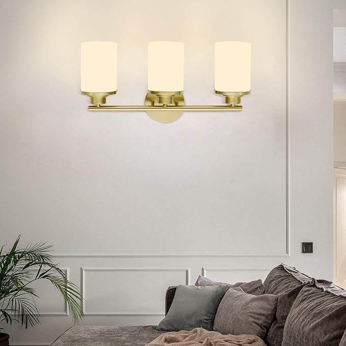 Brushed Gold Bathroom Light Fixtures, 3-Light Gold Vanity Lights with Frosted Glass Shades, Mid-Century Modern Wall Sconces for Living Room