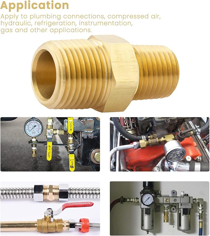 KOOTANS 3/8 NPT x 1/4 NPT Male Solid Brass Hex Nipples, Heavy Brass Pipe Adapter Fittings Reducing Nipples Connectors 4Pieces