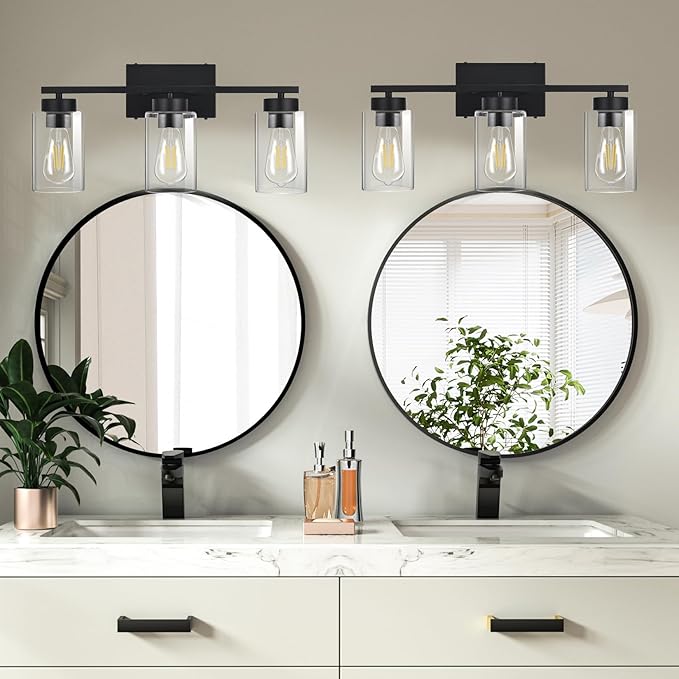 3-Light Bathroom Vanity Light, Modern Black Wall Lights with Clear Glass Shades, Bathroom Wall Sconce Lamp for Mirror Living Room Bedroom Hallway
