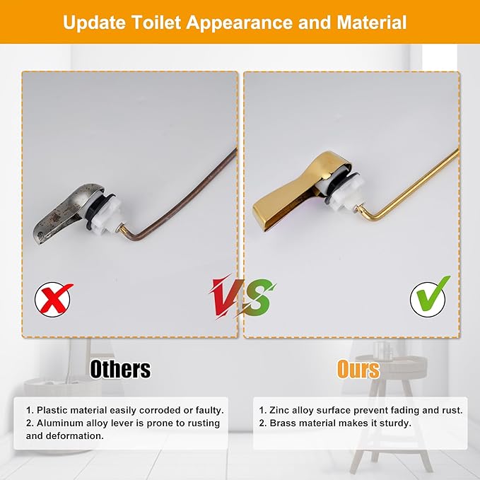 Hibbent Universal Metal Front Mount Toilet Handle Replacement Kit, Brass Toilet Flush Tank Lever with Stainless Steel Flapper Chains for Most Toilets, Shiny Gold