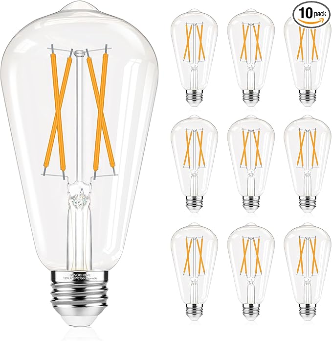 Dimmable LED Edison Bulbs, 2700K Warm White, 6W Equivalent to 60 watt E26 LED Bulb, ST58 Vintage Light Bulbs, 600LM, 90+ CRI, E26 Base, Clear Glass, 10 Pack