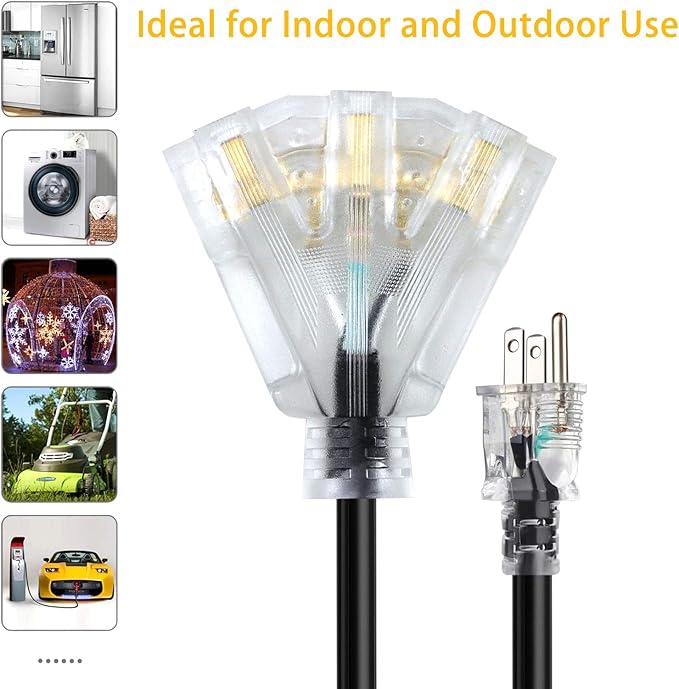 3FT 12/3 Extension Cord Heavy Duty Black 3-Outlet Indoor/Outdoor SJTW Lighted 12-Gauge Grounded Power Cable,12AWG 15 Amp, 1875 Watts，UL Listed，Safety