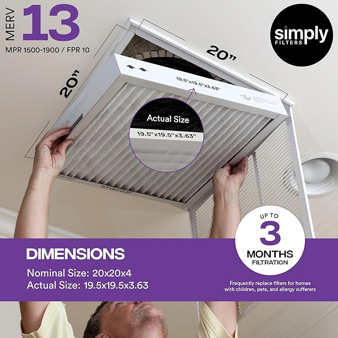 Simply 20x20x4 Air Filter, MERV 13, MPR 1500, 1 Pack, Furnace Air Filter for HVAC (Actual Size:19.5"x19.5"x3.63") DUST, Pet, & Allergy Control
