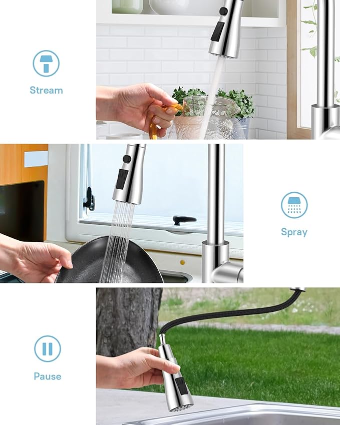 WEWE Kitchen Faucets with Pull Down Sprayer, Stainless Steel Single Handle 1 Hole for Family Kitchen Commercial Camper Laundry Rv Bar, Polished Chrome