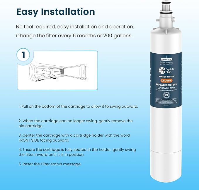Crystala Filters Replacement for GE® RPWFE, RPWF (with CHIP) Refrigerator Water Filter, Compatible with WSG-4, WF277, GFE28GMKES, PFE28KBLTS, GYE22HMKES, DFE28JSKSS, GFE28GYNFS, GFD28GYNFS, 1 Pack