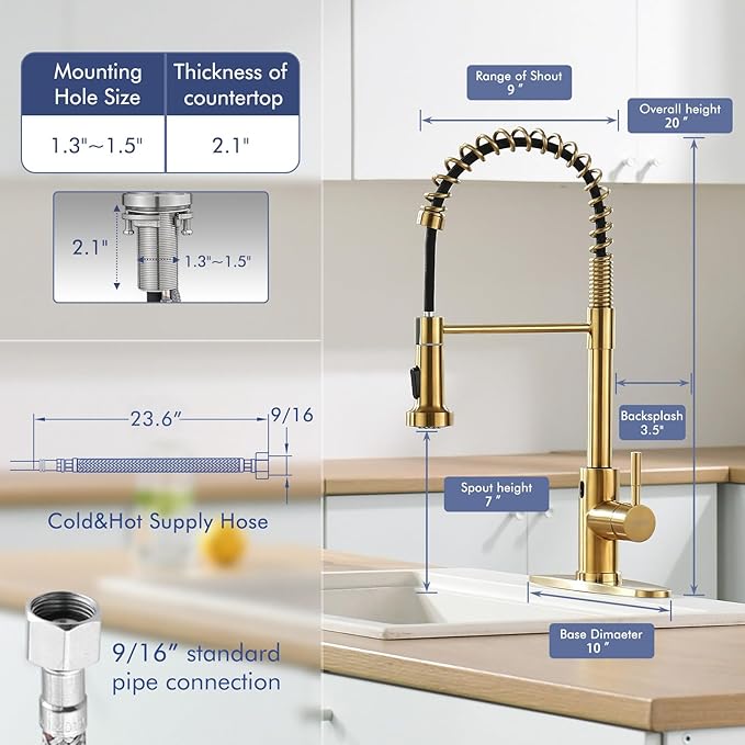 GIMILI Gold Touchless Faucet with Pull Down Sprayer, Motion Sensor Smart Activated Single Hole Spring Faucet for Kitchen Sink, Brushed Brass Finish