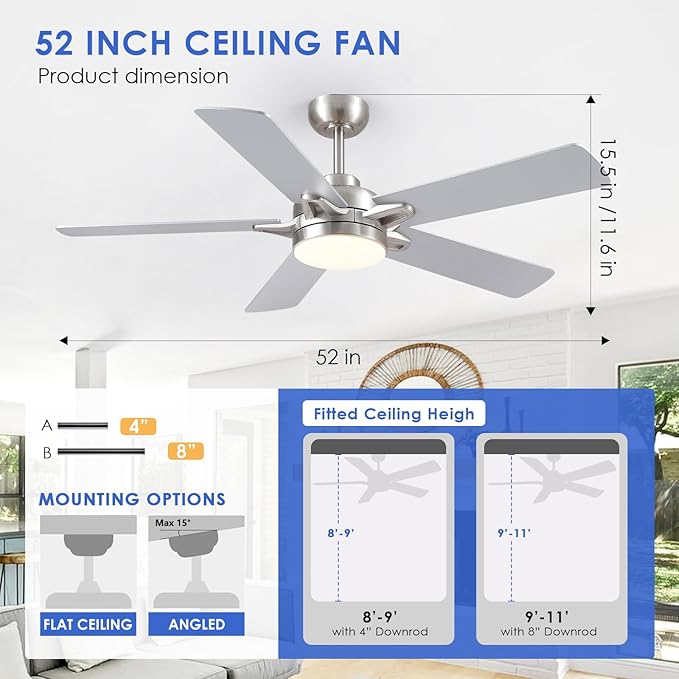 52" Ceiling Fan with Lights and Remote - Low Profile Ceiling Fans with 5 Dual-Sided Blades and Reversible Motor, Indoor/Outdoor Ceiling Fan Lights for Modern Bedroom, Covered Patios, Nickel