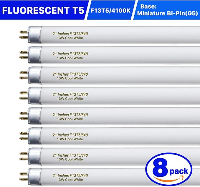 8 Pack 21 Inch T5 Fluorescent Light Bulb 13 Watt F13T5/CW Compatible for Sylvania Satco Philips GE Under Cabinet Tube Light Cool White 800 Lumen G5 Base 8 Count
