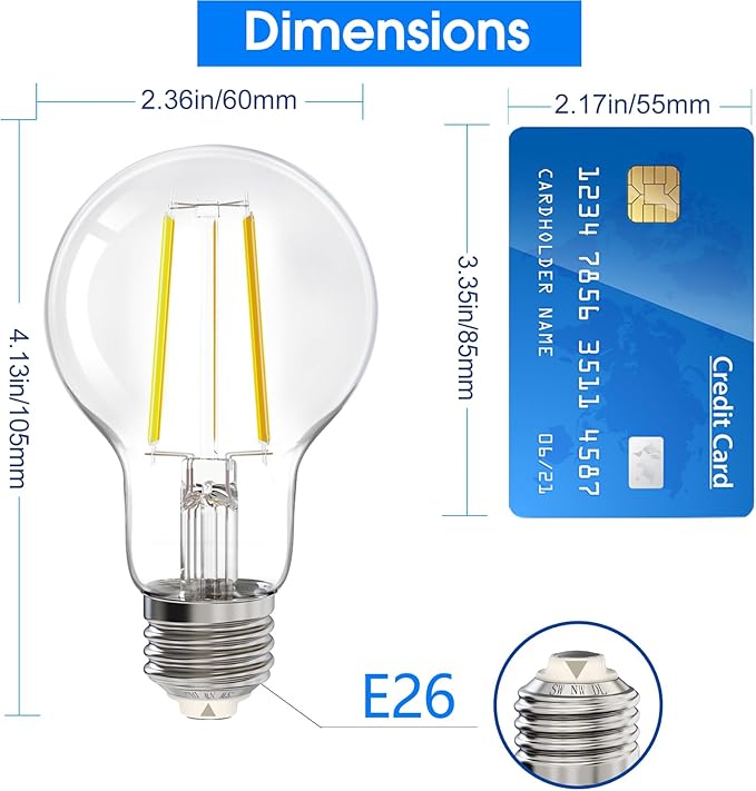 Energetic 3CCT E26 LED Filament Light Bulb, (2700K/3500K/5000K) 3 Color Temperature Selectable, 6.5W, 60W Equivalent, Dimmable, 760LM, Classic Clear Glass A19 LED Light Bulb, UL Listed, Pack of 6