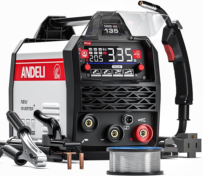 ANDELI 135Amp MIG Welder 110V/220V Dual Voltage, Portable Gasless Welder Flux MIG/Lift Tig/Stick 3-in-1 Multiprocess Welder LED Digital Display Welding Machine IGBT Inverter Welder