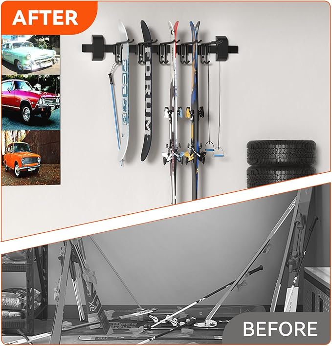 32" Ski & Snowboard Wall Rack – Heavy-Duty Wall Mounted Ski Storage for Garage, Holds 10 Pairs with 5 Adjustable Hooks, 300lbs Capacity, Non-Slip Rubber, Easy Install | Ski Holders for Wall