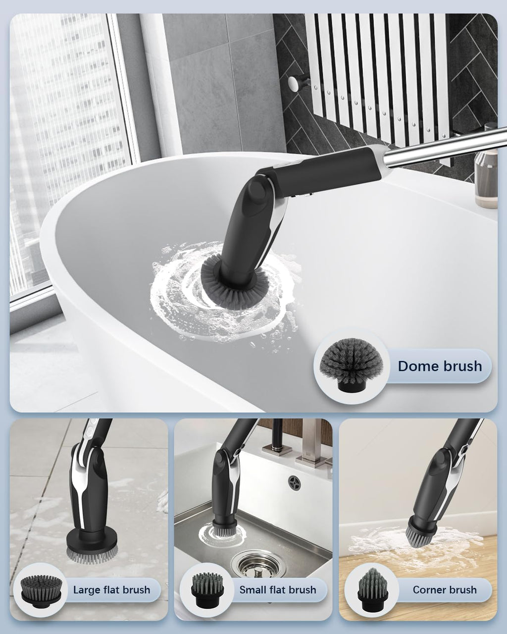 Leebein Electric Spin Scrubber, Shower Scrubber with 4 Adjustable Angles and 8 Brush Heads, Electric Scrubber with Long Handle & Remote Controller, Cleaning Brush for Bathroom, Tub, Floor (Black)