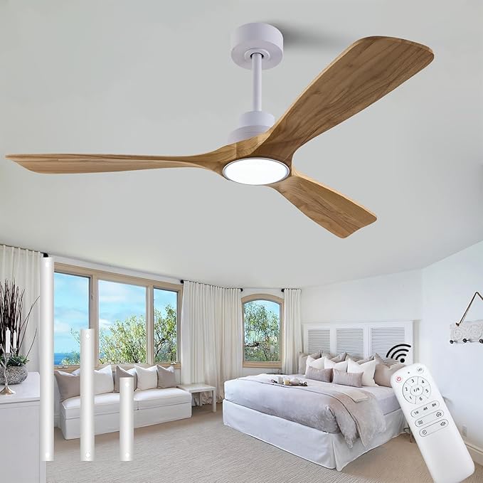 52" Wood Ceiling Fan with Lights Remote Control,Quiet DC Motor 3 Blade Ceiling Fans for Patio Living Room, Bedroom, Office,Indoor Outdoor(Raw wood+White)