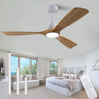 52" Wood Ceiling Fan with Lights Remote Control,Quiet DC Motor 3 Blade Ceiling Fans for Patio Living Room, Bedroom, Office,Indoor Outdoor(Raw wood+White)