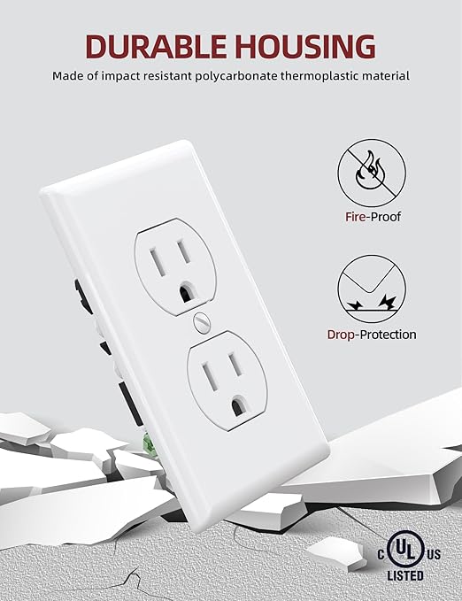 AIDA Outlet White Duplex Receptacle with Wall Plate, Electrical Outlet Electrical Wall Outlet, 15 Amp Outlet 125V, Self-Grounding, 2-Pole, 3-Wire, 5-15R, UL Listed, 10 Pack, Tamper Resistant